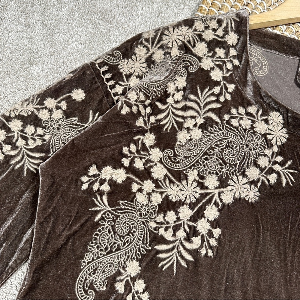 Paparazzi Embroidered Velvet Western Blouse Tunic Top Boho Whimsigoth in Brown L - Picture 6 of 13